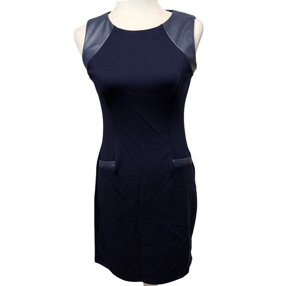 NWT Spense‎ Petite Navy Blue Faux Leather Trim Sleeveless Sheath Dress 2P